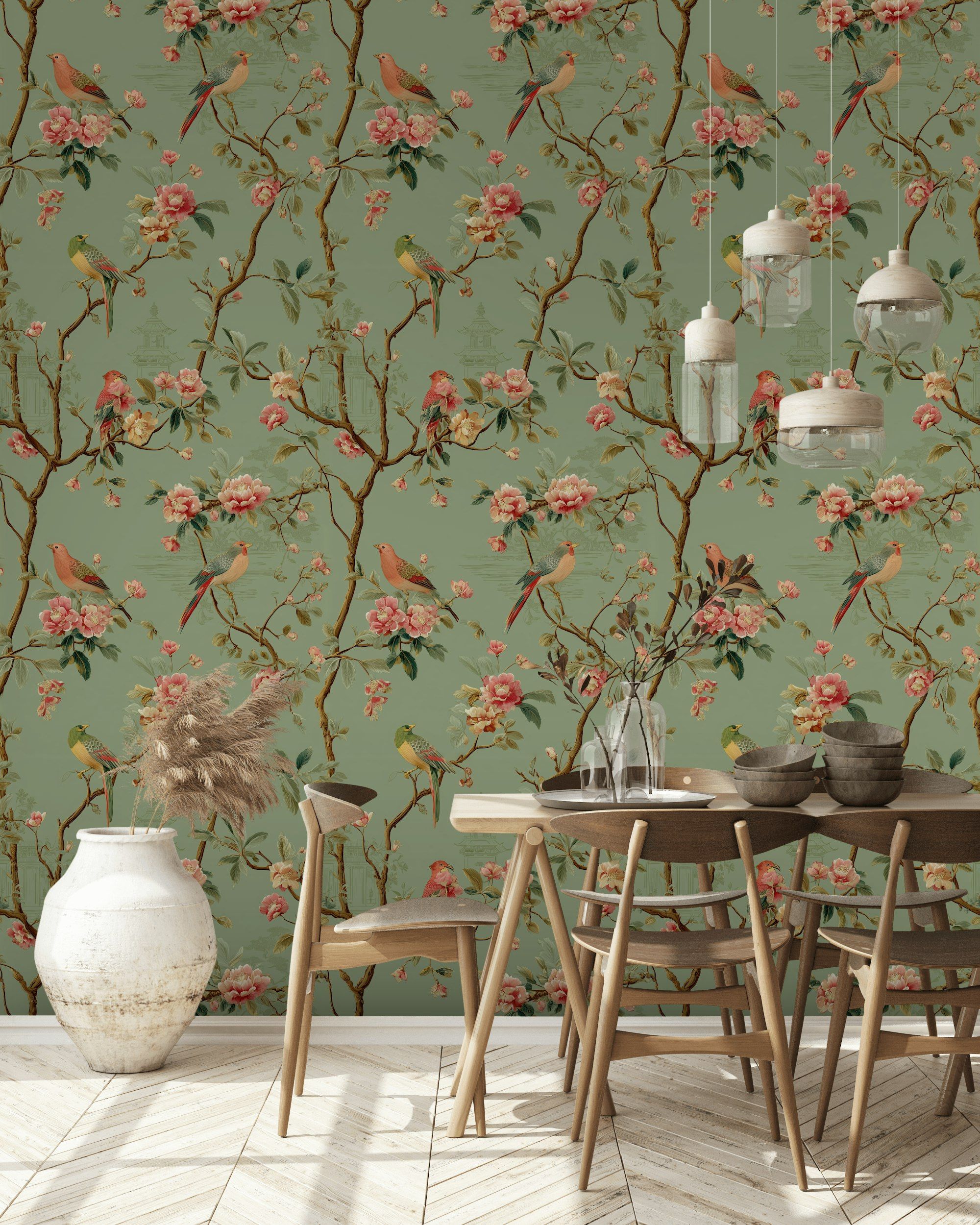 Sage Green Cherry Blossom and Bird Wallpaper