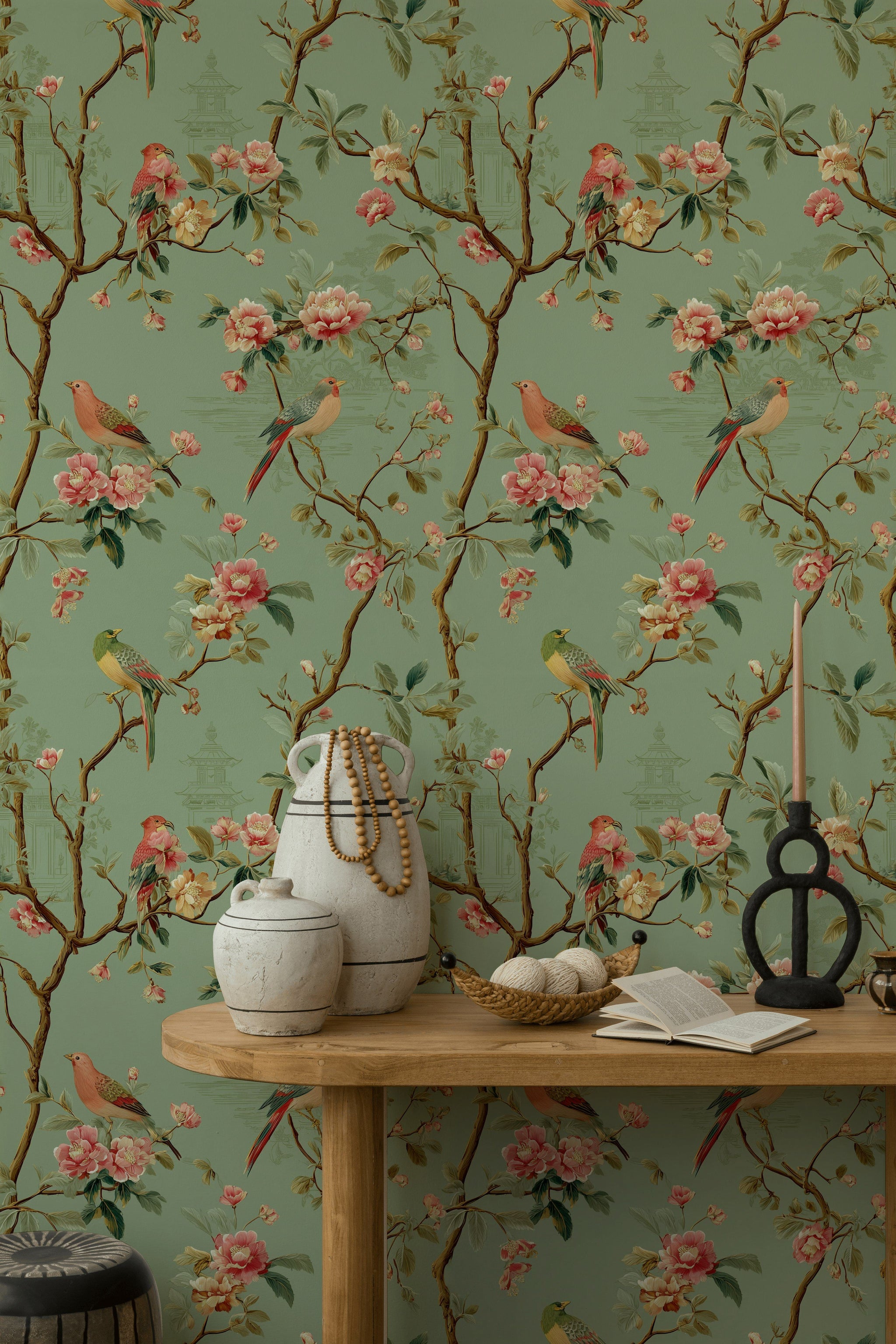 Sage Green Cherry Blossom and Bird Wallpaper