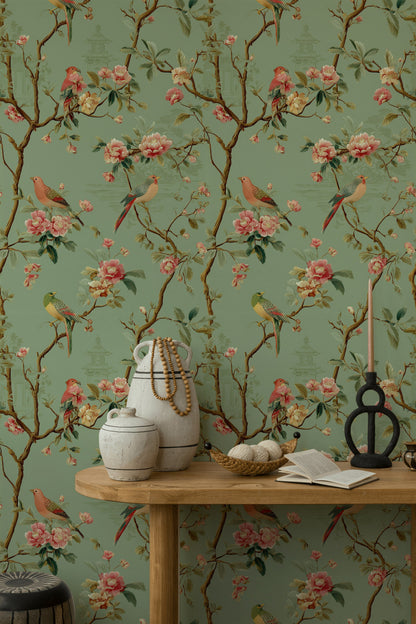 Sage Green Cherry Blossom and Bird Wallpaper
