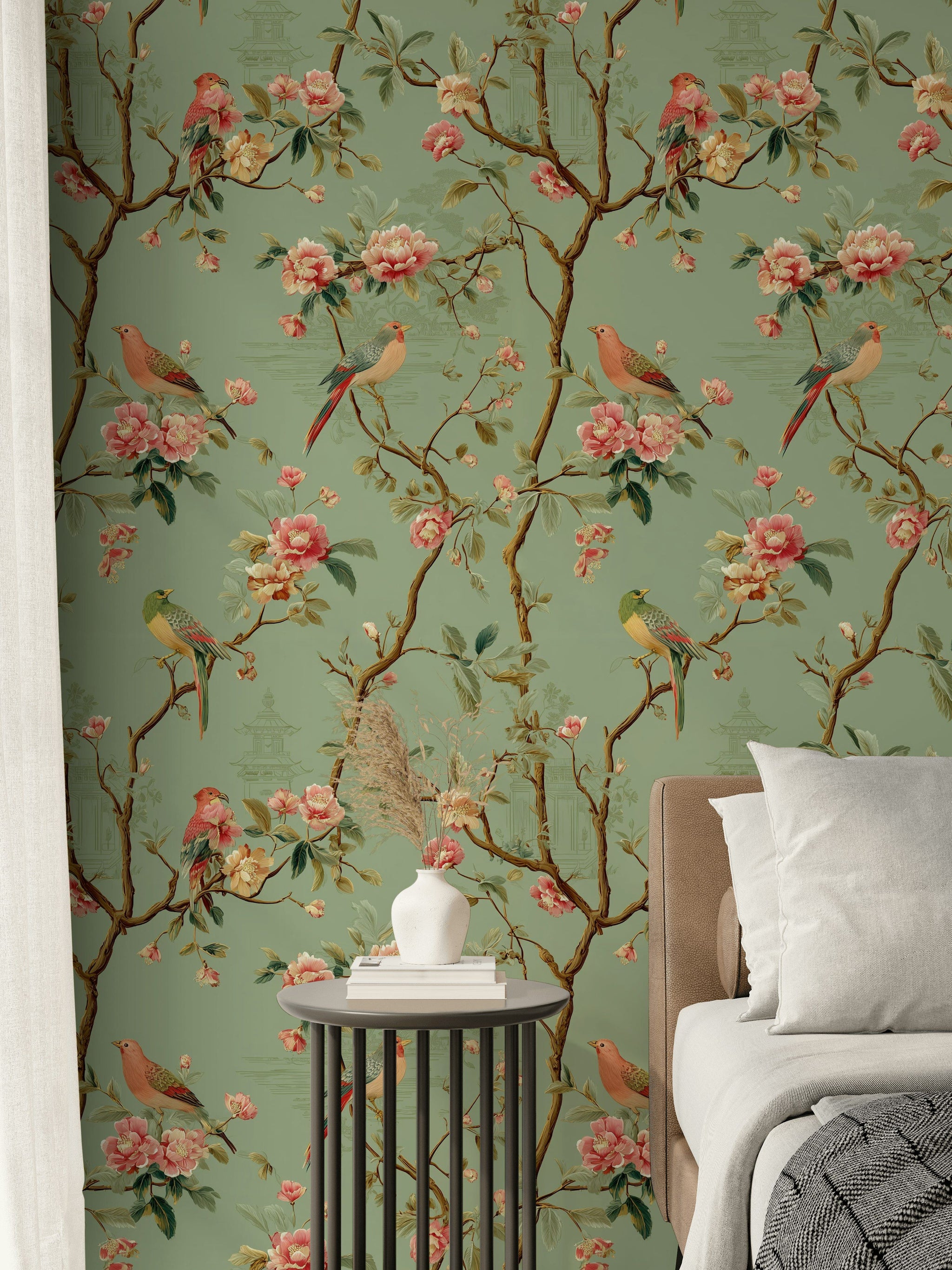 Sage Green Cherry Blossom and Bird Wallpaper