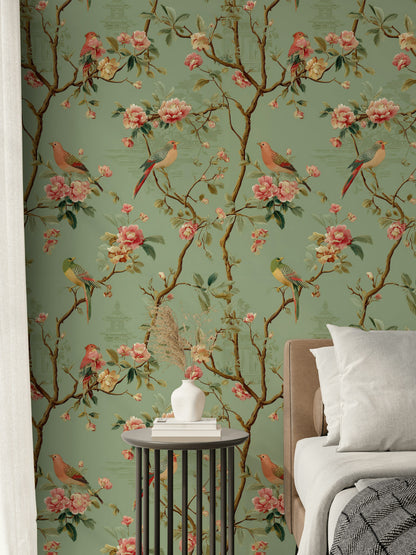 Sage Green Cherry Blossom and Bird Wallpaper