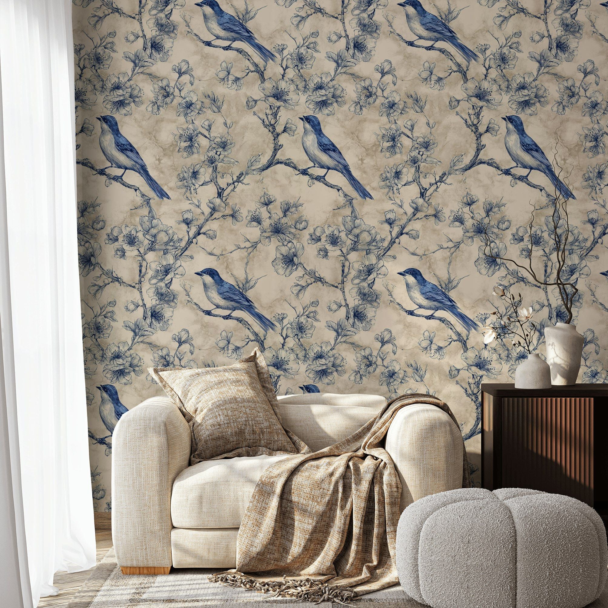Beige and Blue Bird Botanical Pattern Wallpaper