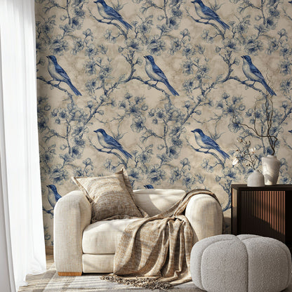 Beige and Blue Bird Botanical Pattern Wallpaper