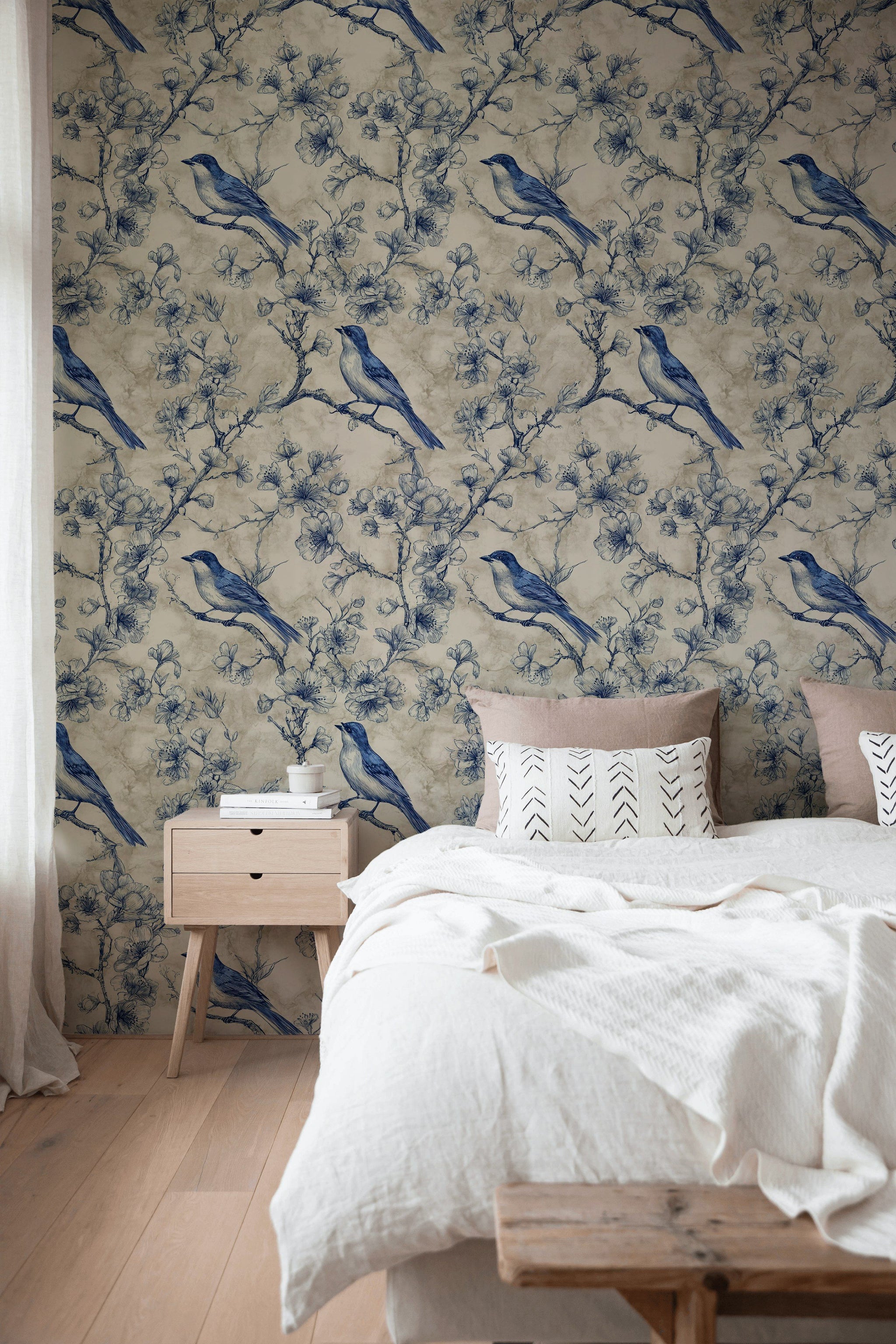 Beige and Blue Bird Botanical Pattern Wallpaper