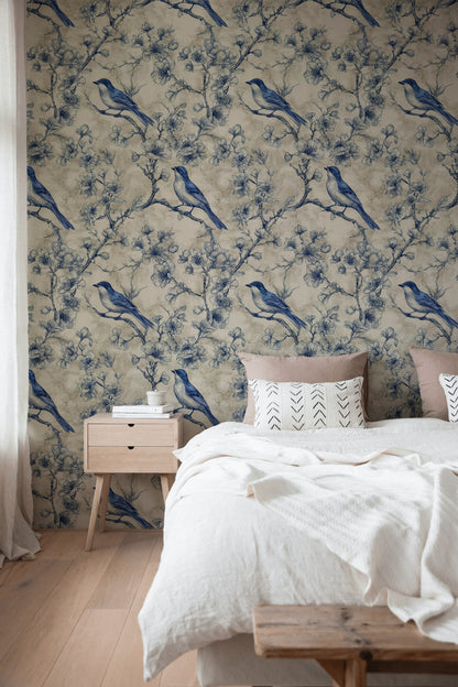Beige and Blue Bird Botanical Pattern Wallpaper