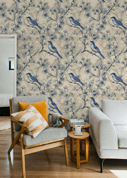 Beige and Blue Bird Botanical Pattern Wallpaper