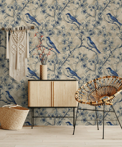 Beige and Blue Bird Botanical Pattern Wallpaper