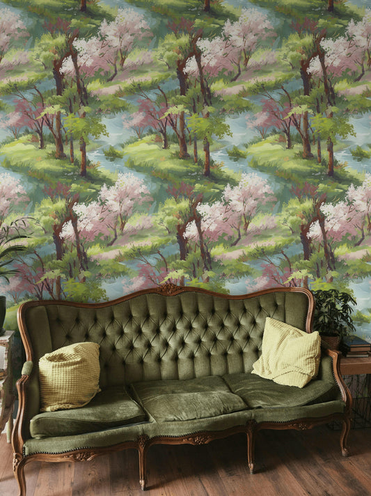 Spring Landscape Wallpaper Pastel River Removable Wall Decor