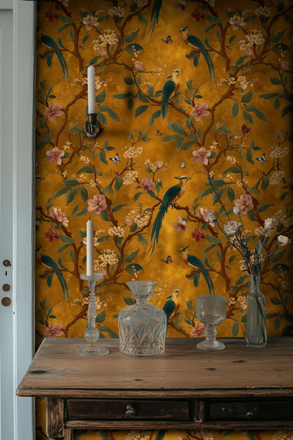 Golden Look Floral and Bird Vintage Wallpaper