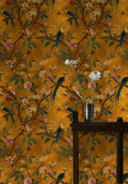 Golden Look Floral and Bird Vintage Wallpaper