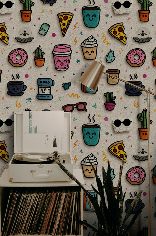 Cute Coffee Wallpaper Kawaii Doodle Wall Mural