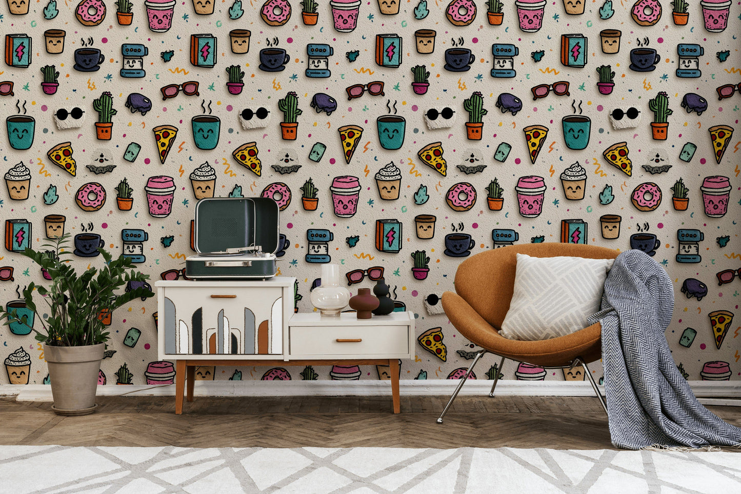 Cute Coffee Wallpaper Kawaii Doodle Wall Mural
