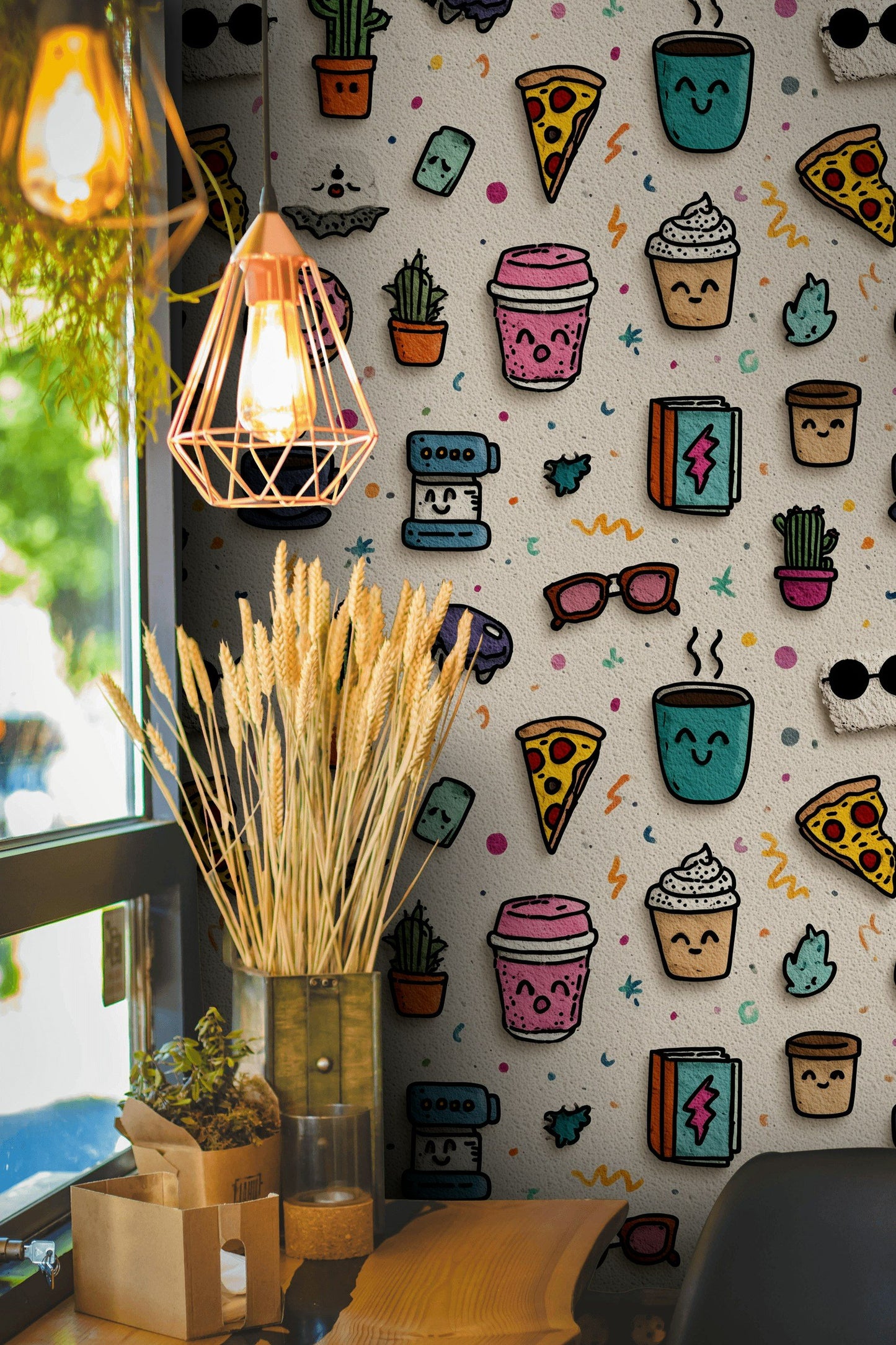 Cute Coffee Wallpaper Kawaii Doodle Wall Mural