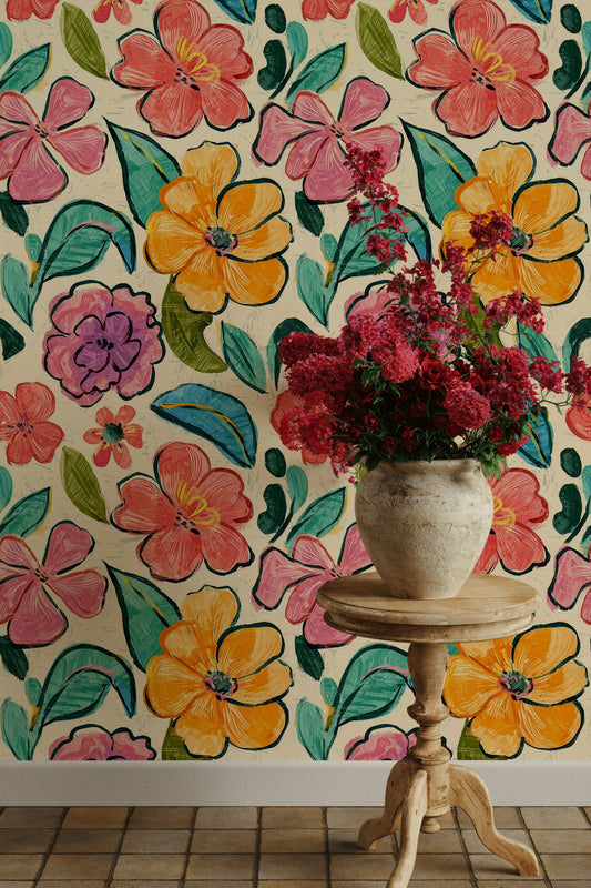 Colorful Floral Wallpaper Painterly Vibrant Wall Decor