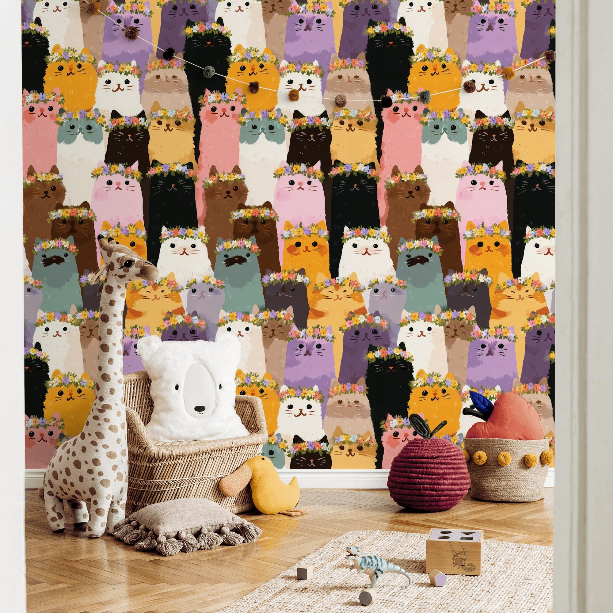 Multicolor Floral Crown Cat Pattern Wallpaper