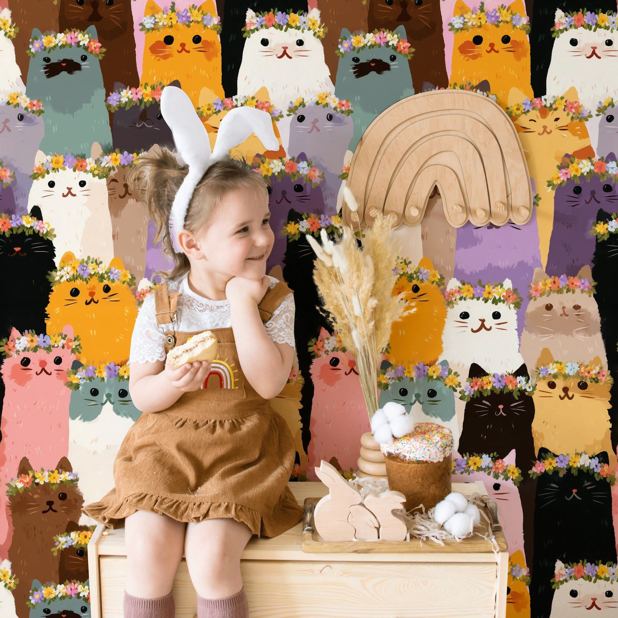 Multicolor Floral Crown Cat Pattern Wallpaper