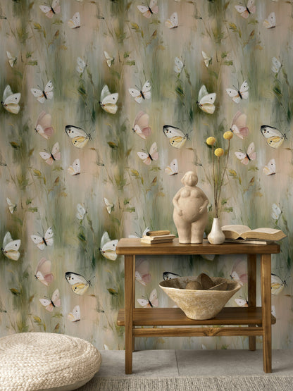Beige and Green Butterfly Meadow Wallpaper