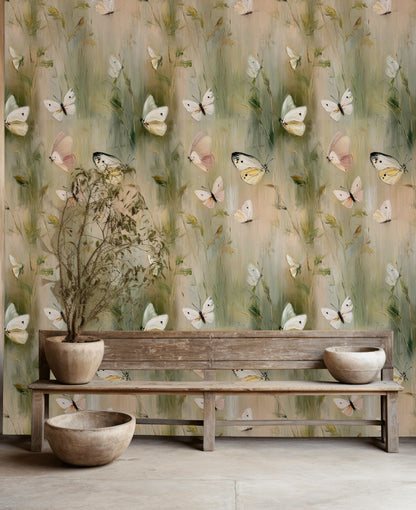 Beige and Green Butterfly Meadow Wallpaper