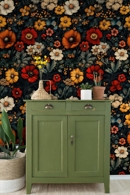 Deep Black Background Bold Floral Wallpaper