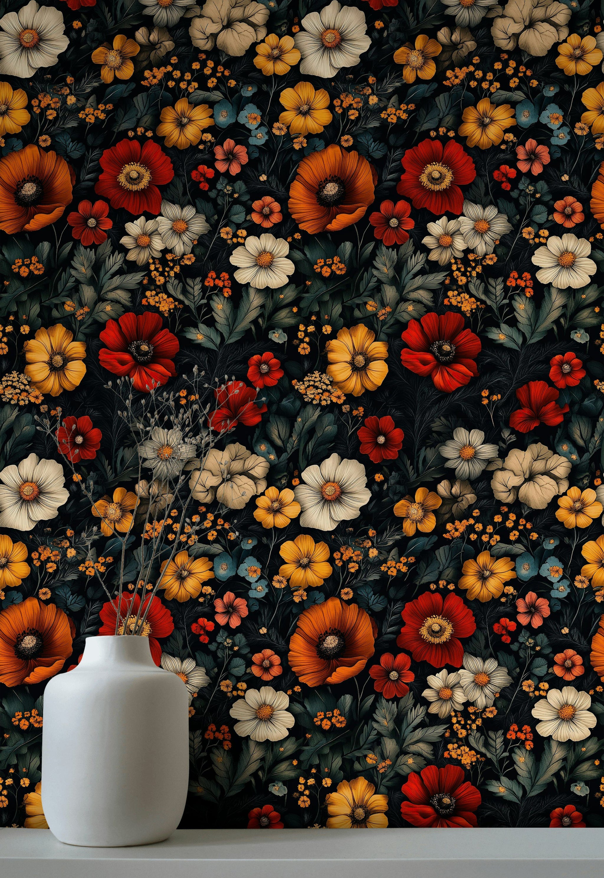 Deep Black Background Bold Floral Wallpaper