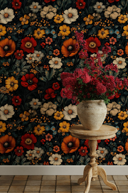 Wildflower Garden Wallpaper Red Yellow Decorative Mural