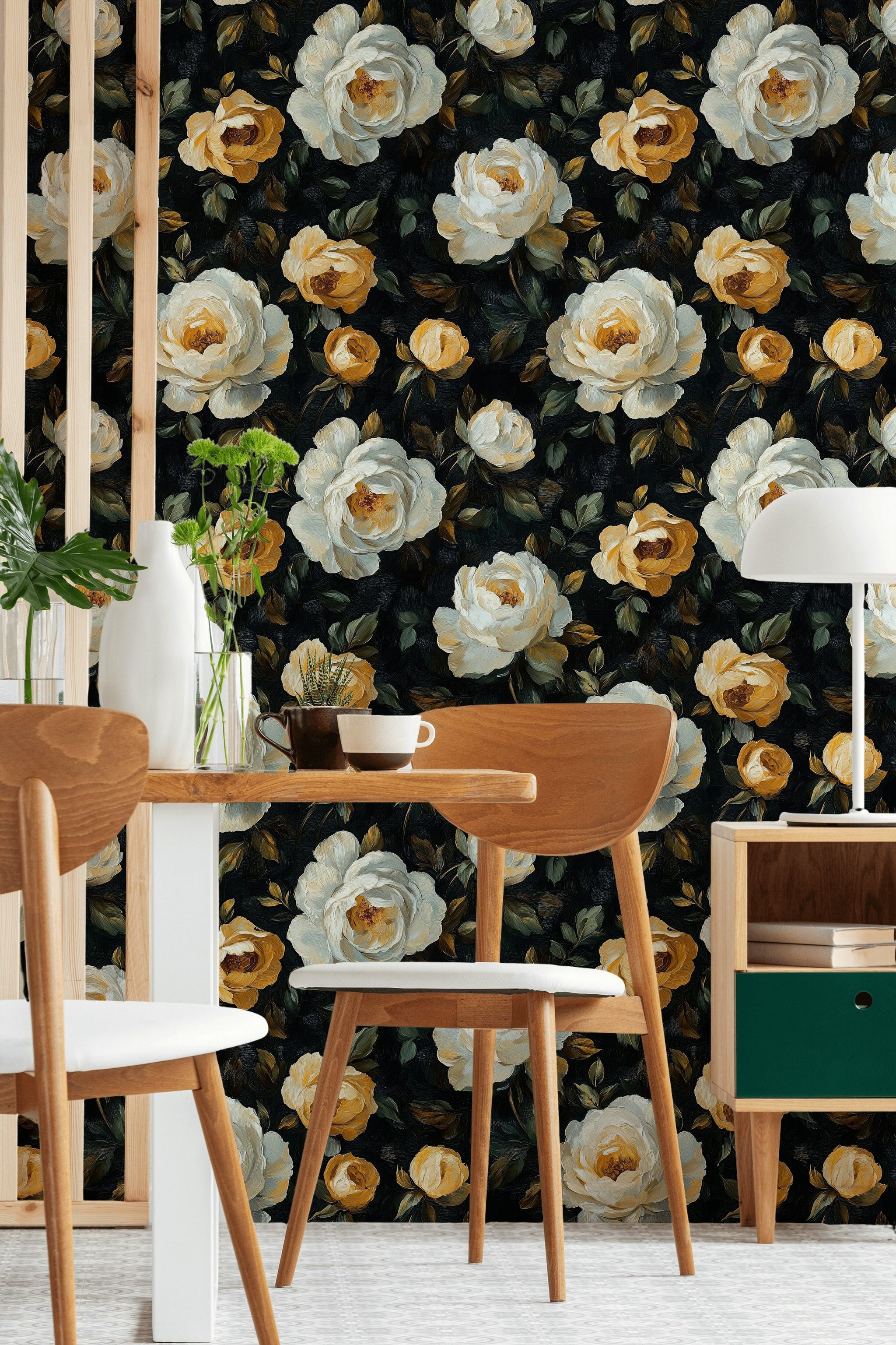 Dark Black and Yellow Rose Floral Wallpaper