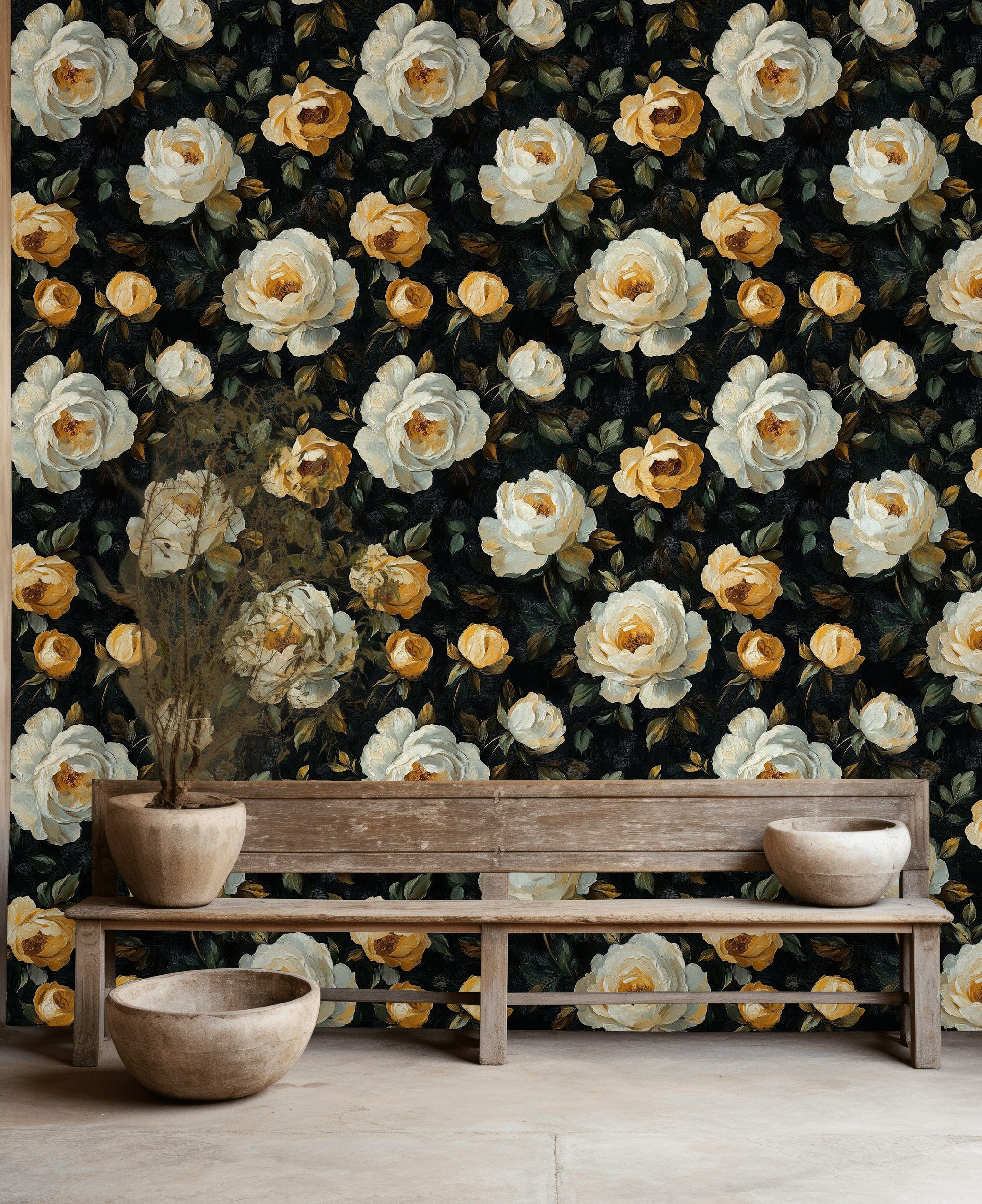 Dark Black and Yellow Rose Floral Wallpaper
