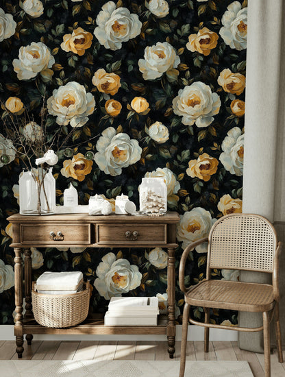 Dark Black and Yellow Rose Floral Wallpaper