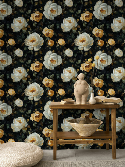 Dark Black and Yellow Rose Floral Wallpaper