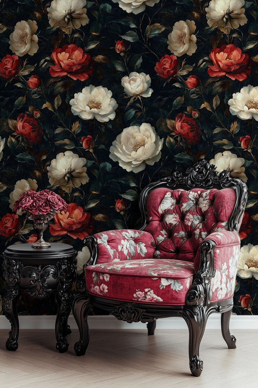 Red Cream Floral Wallpaper Vintage Peony Decorative Mural