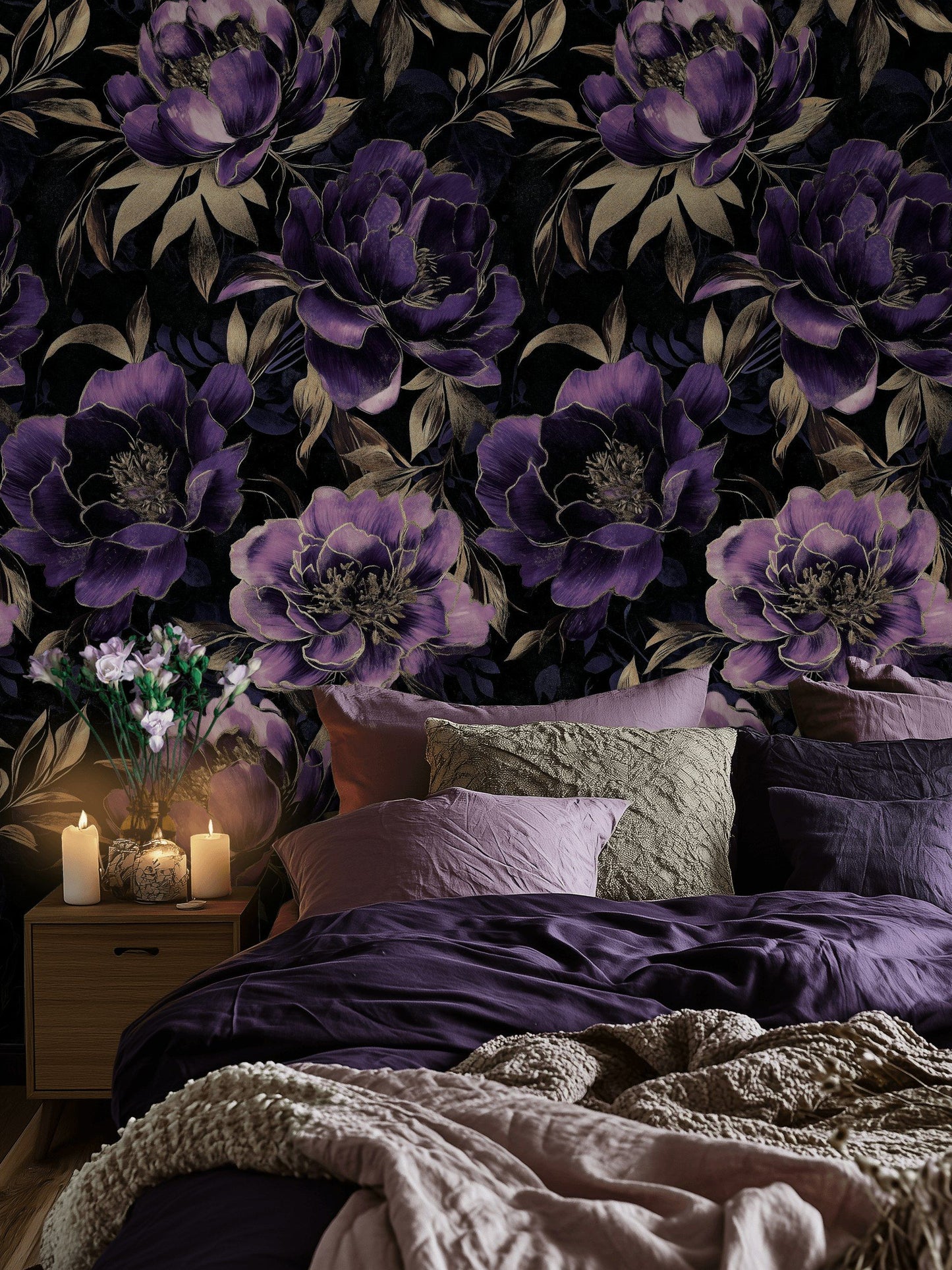 Violet Peony Wallpaper Gold Look Leaf Luxe Floral Wall Mural