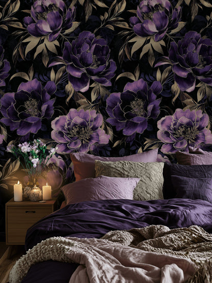 Midnight Purple Peony Floral Wallpaper