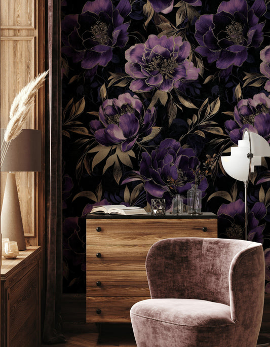 Violet Peony Wallpaper Gold Look Leaf Luxe Floral Wall Mural