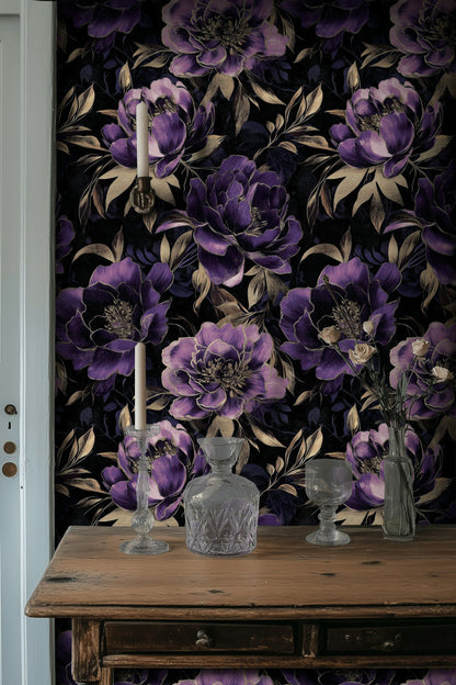 Midnight Purple Peony Floral Wallpaper