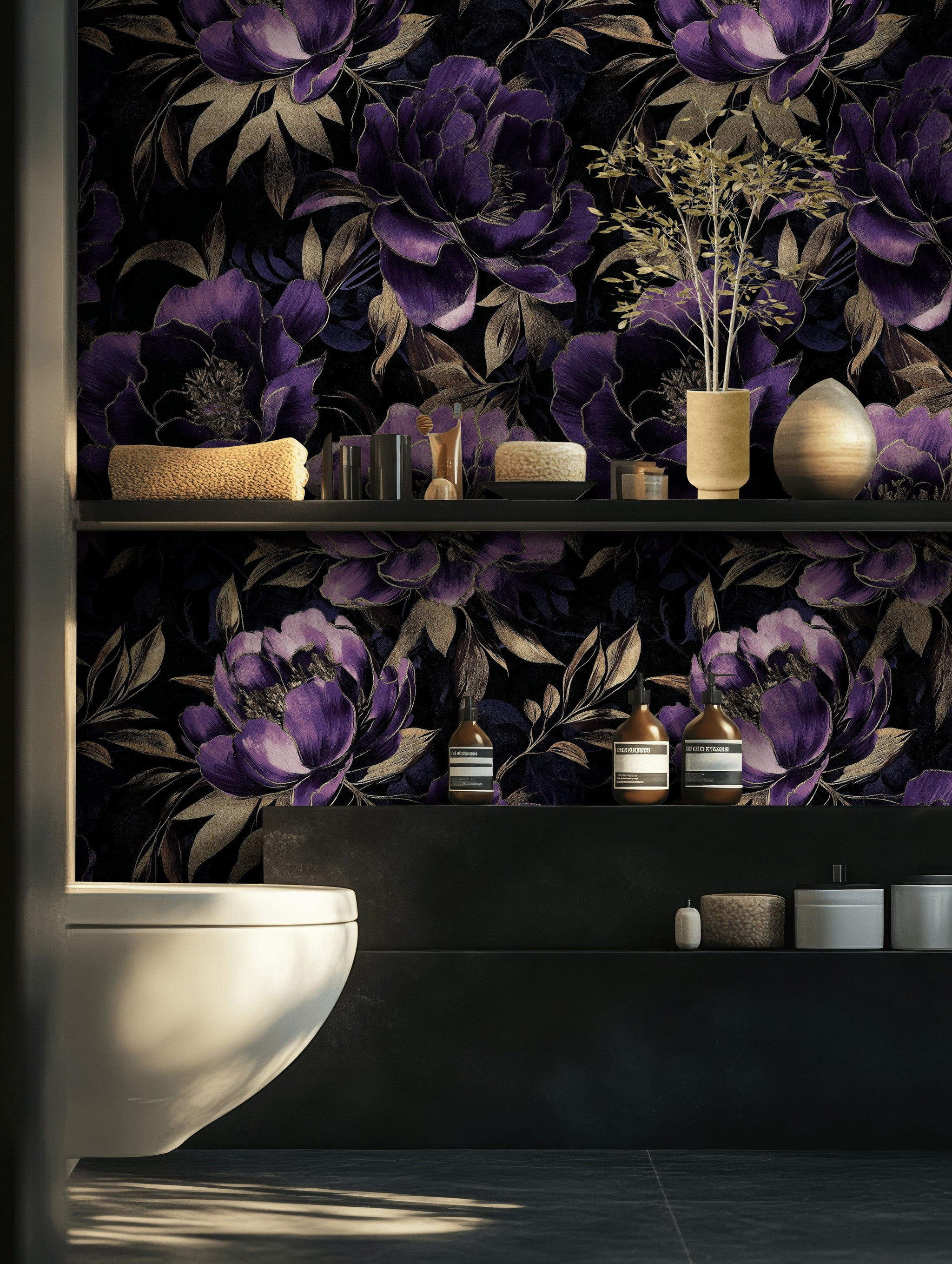 Midnight Purple Peony Floral Wallpaper