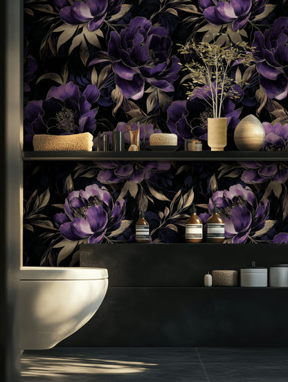 Midnight Purple Peony Floral Wallpaper