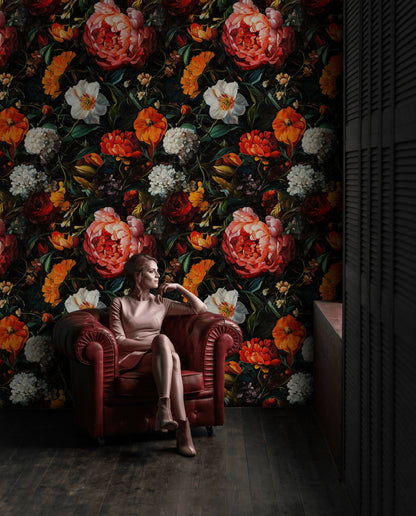Dark Ebony Dramatic Peony Floral Wallpaper