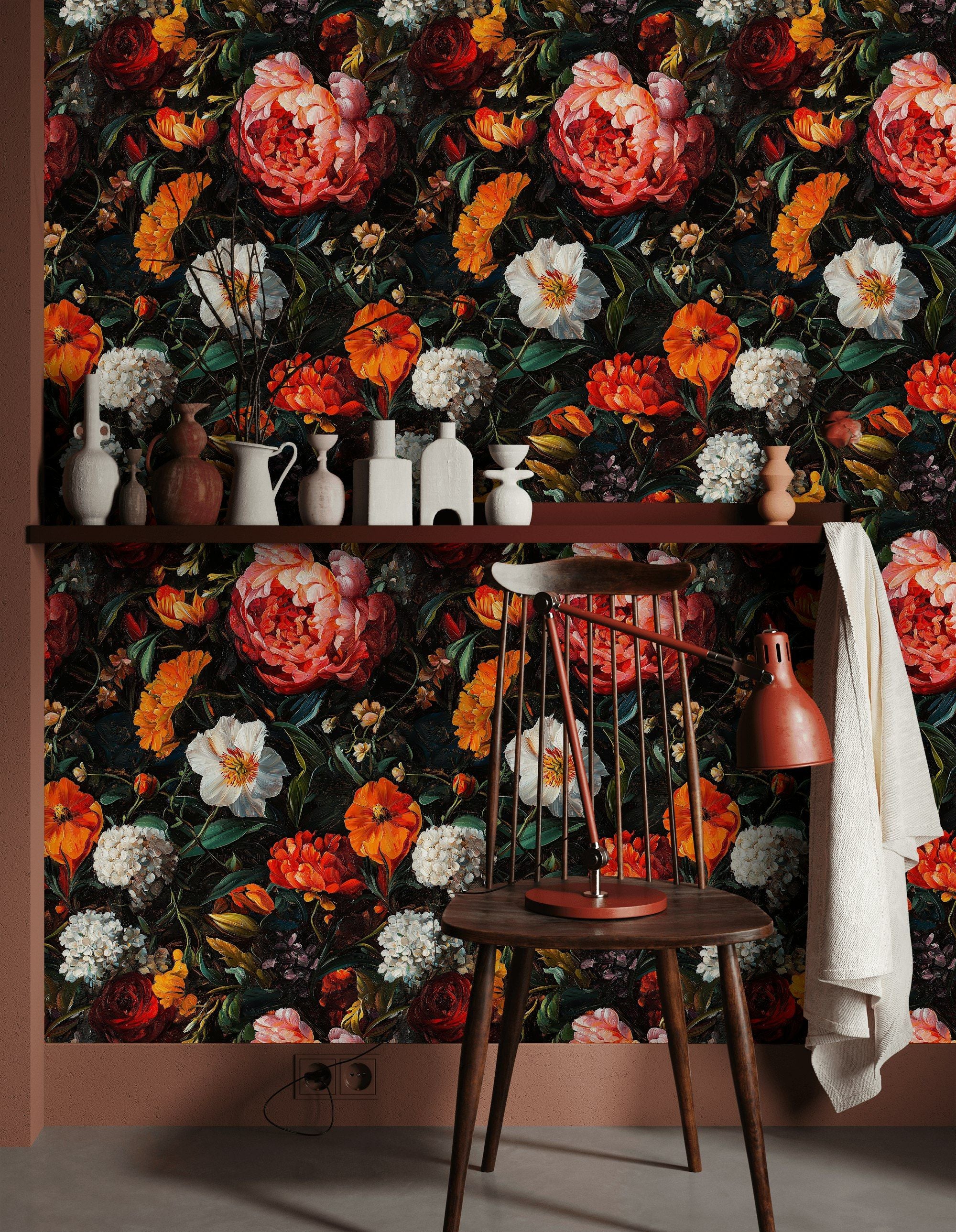 Dark Ebony Dramatic Peony Floral Wallpaper