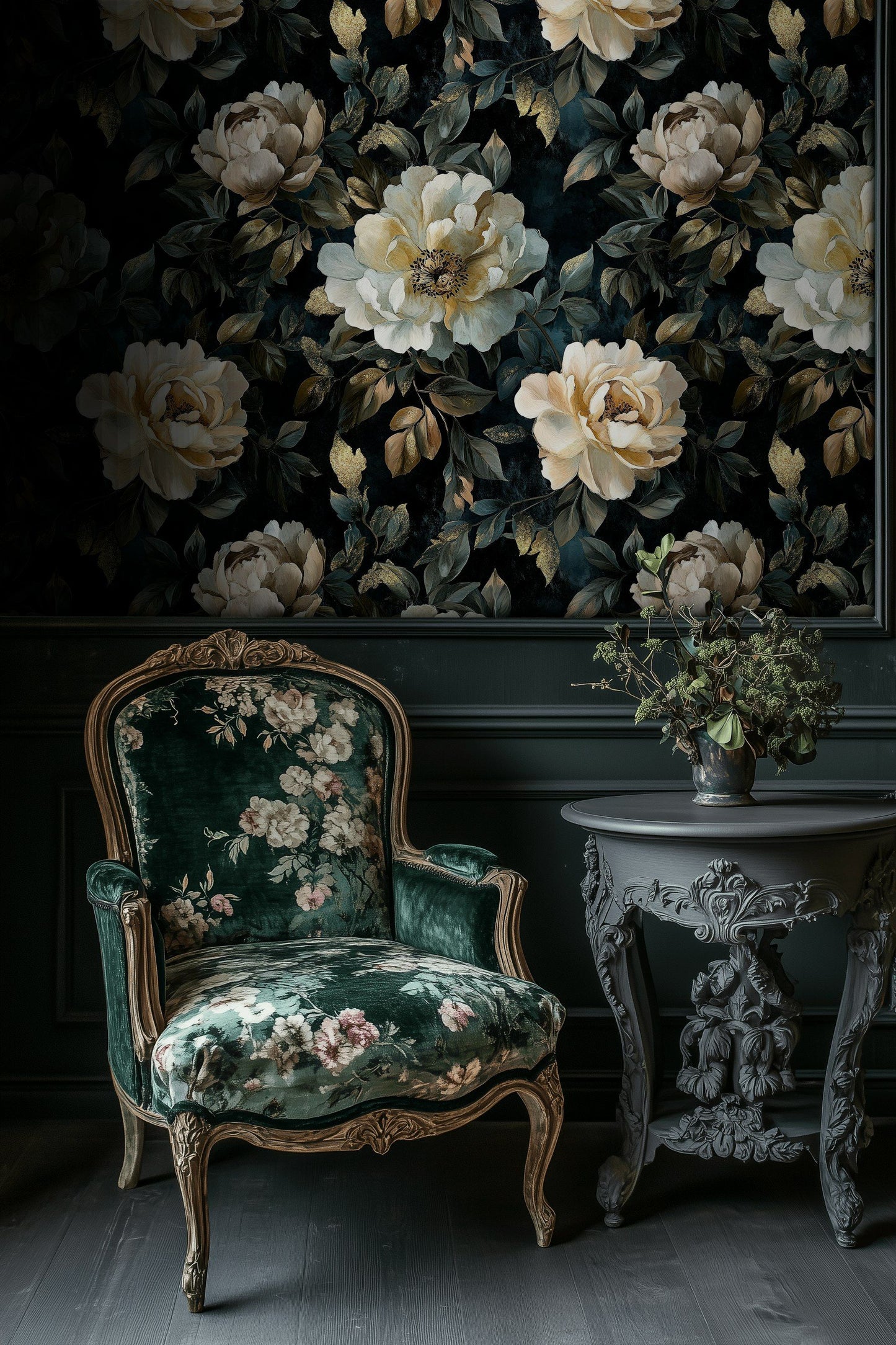 Peony Floral Wallpaper Cream Blossom Dark Botanical Wall Mural
