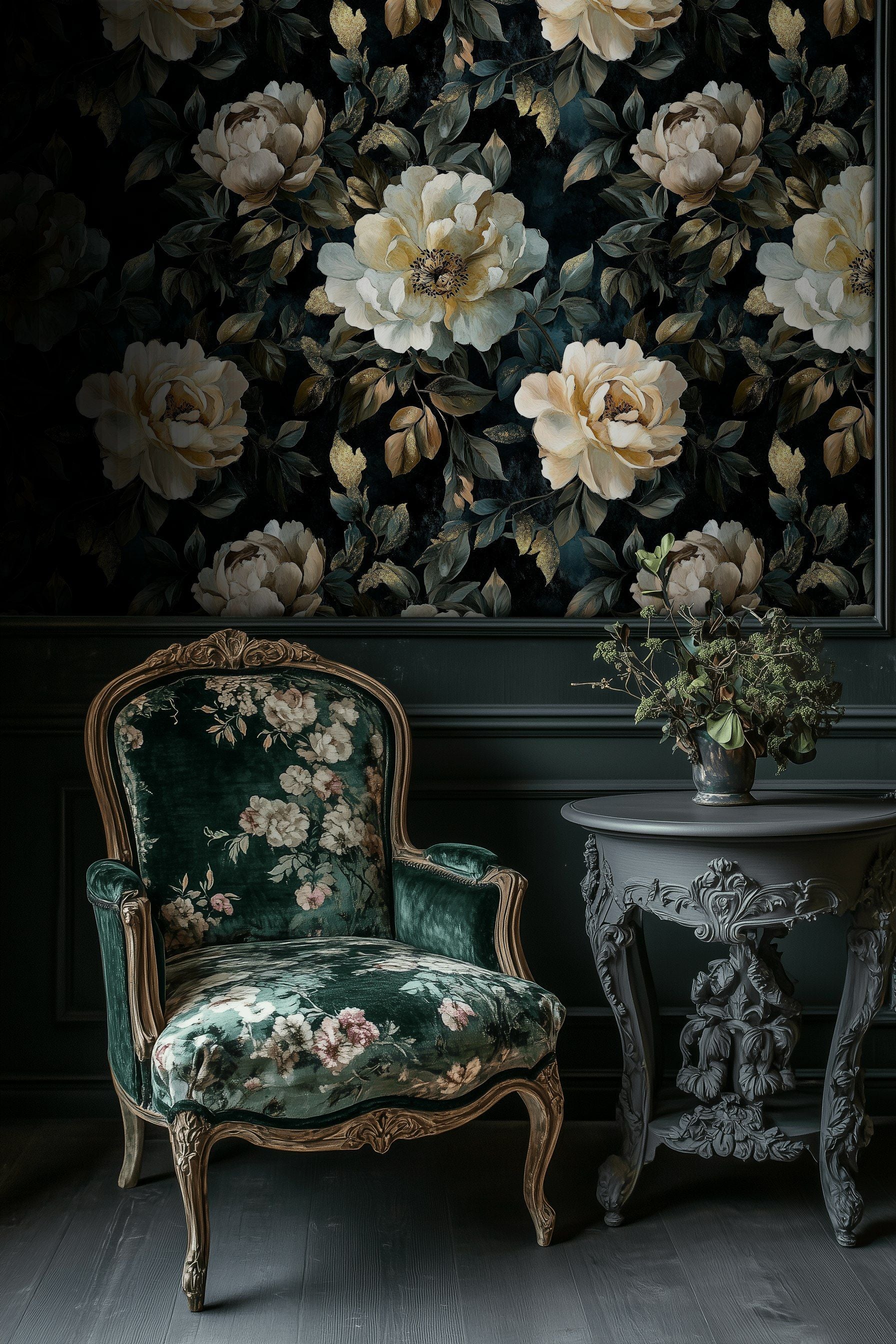 Deep Black Vintage Peony Floral Wallpaper