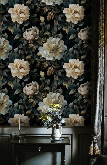 Deep Black Vintage Peony Floral Wallpaper