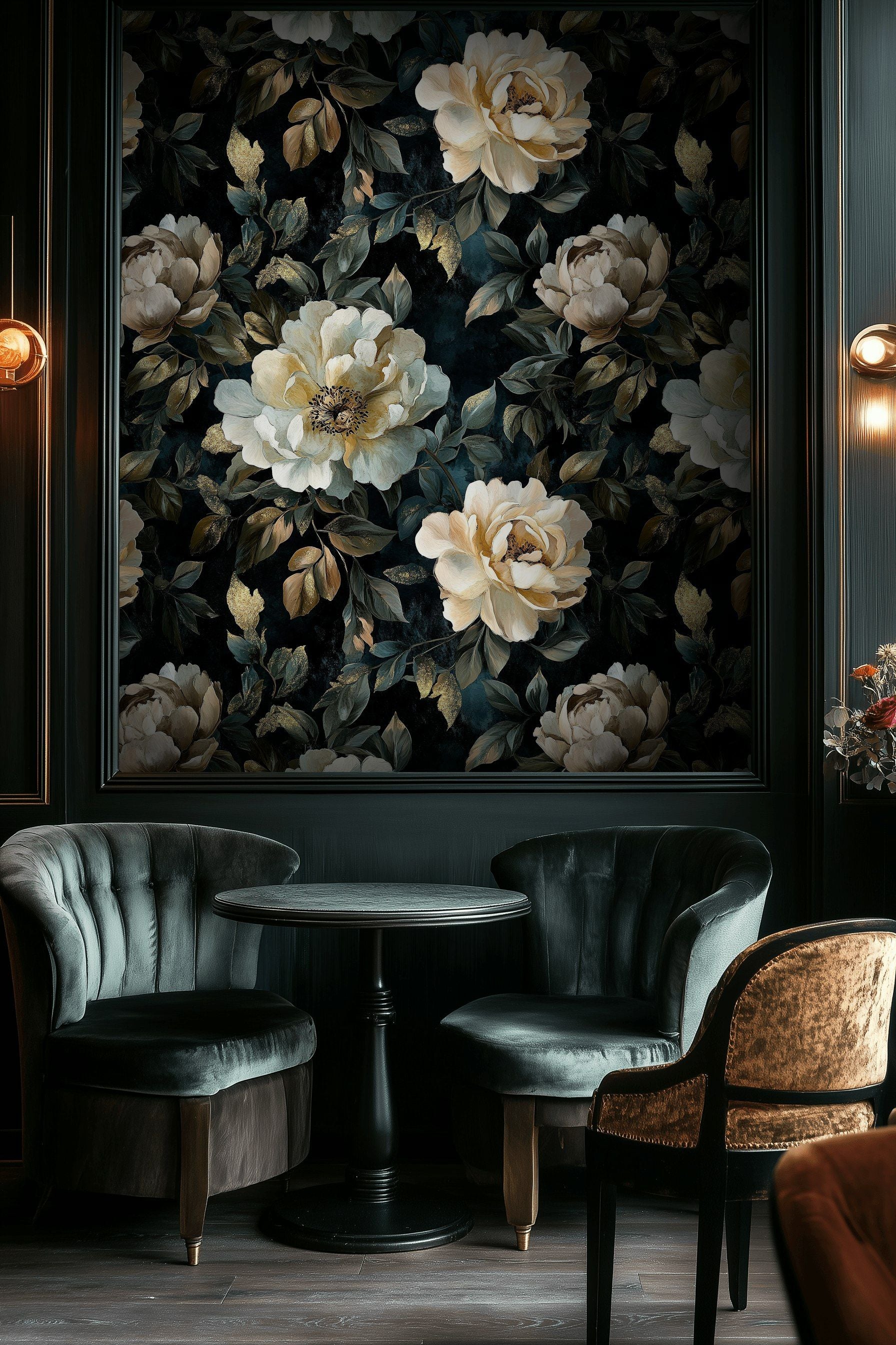 Deep Black Vintage Peony Floral Wallpaper
