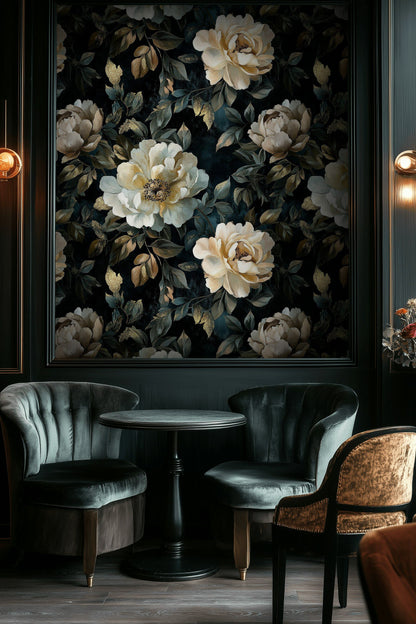 Deep Black Vintage Peony Floral Wallpaper