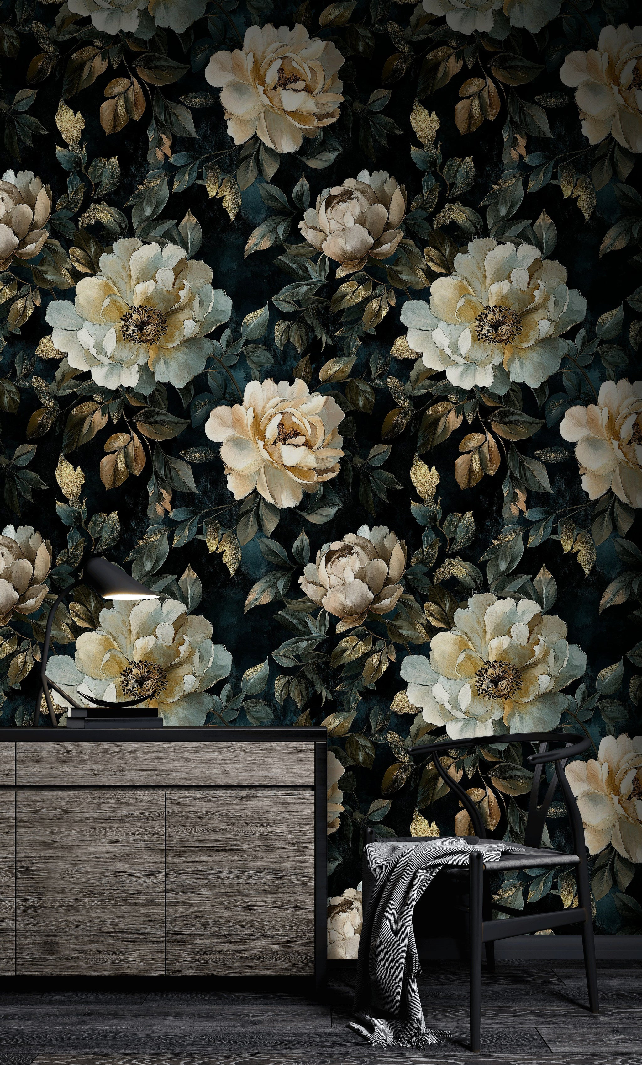 Deep Black Vintage Peony Floral Wallpaper