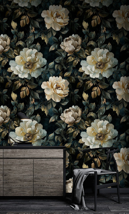 Deep Black Vintage Peony Floral Wallpaper