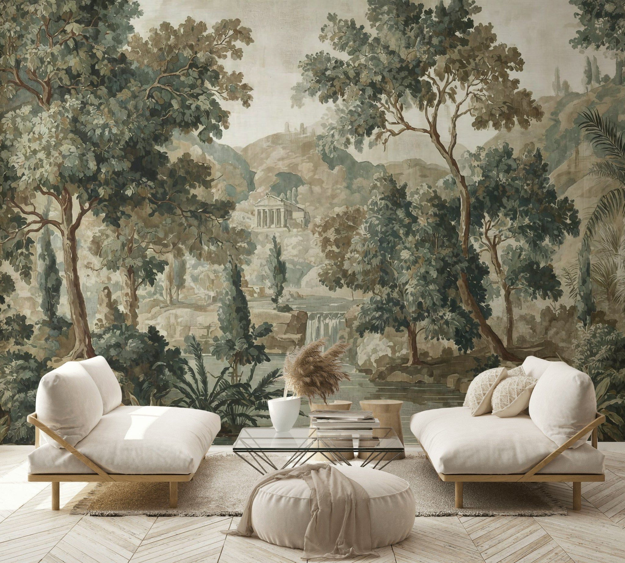 Muted Beige Forest Landscape Wall Mural