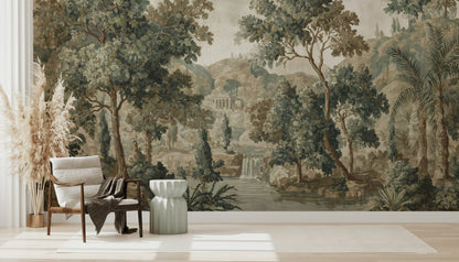 Muted Beige Forest Landscape Wall Mural