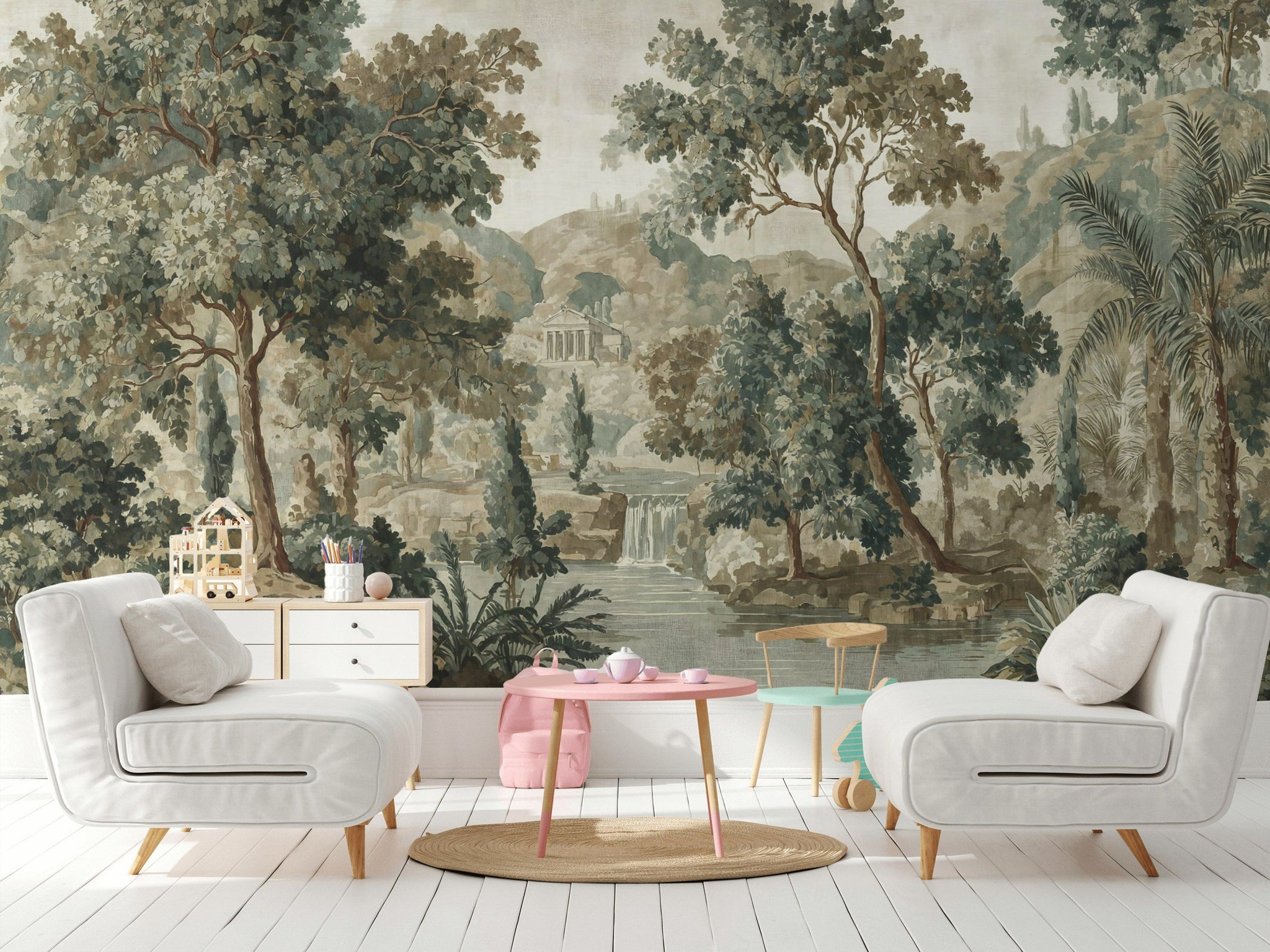Muted Beige Forest Landscape Wall Mural