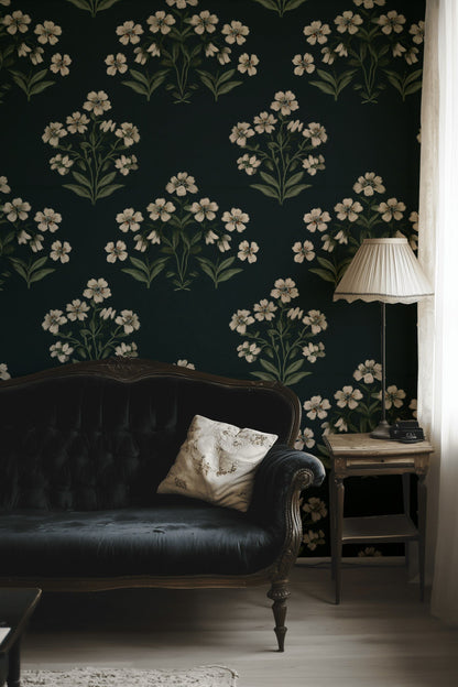 Cream Cherry Blossom Pattern on Black Wallpaper