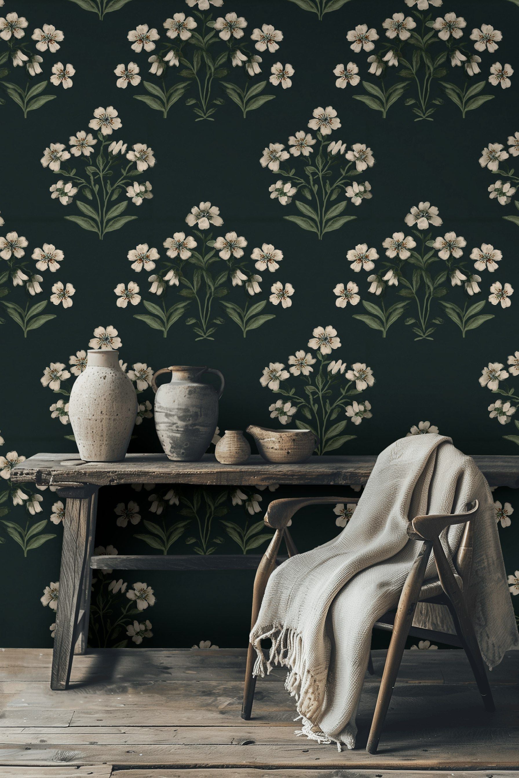 Cream Cherry Blossom Pattern on Black Wallpaper